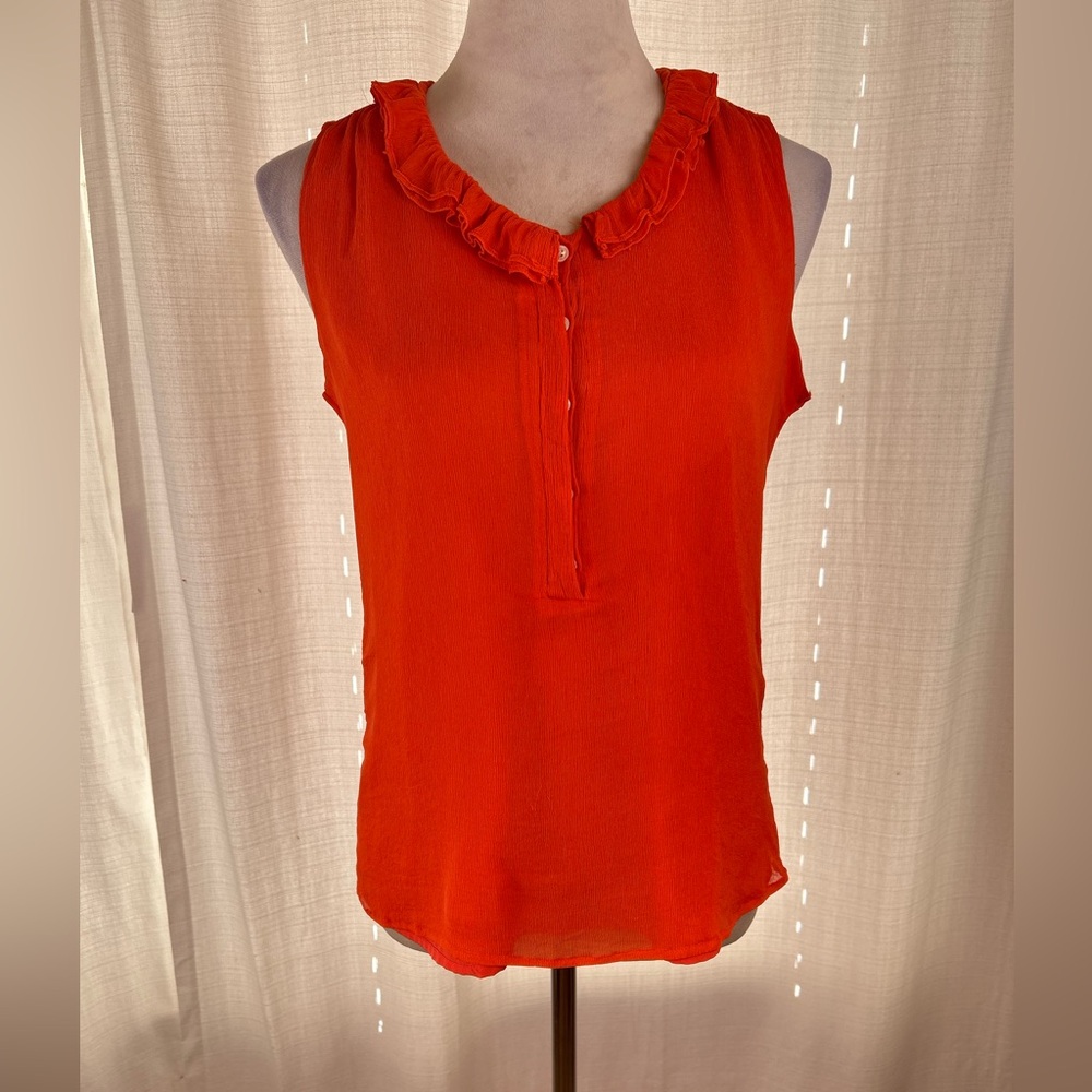 J. Crew 100% Silk Vibrant Orange Ruffle Neck Blouse Women’s Size 6